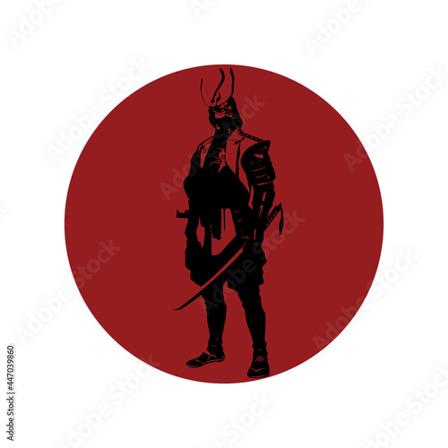 Samurai warrior on red moon. Japanese samurai cartoon illustration on white background