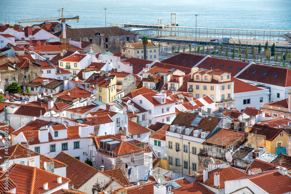 Aerial view of Lisbon skyline with old medieval buildings, Portugal
