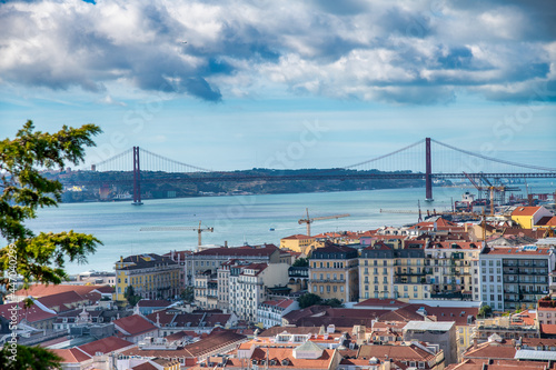 Aerial view of Lisbon skyline with old medieval buildings, Portugal