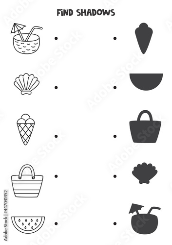 Find the correct shadows of black and white summer elements. Logical puzzle for kids.