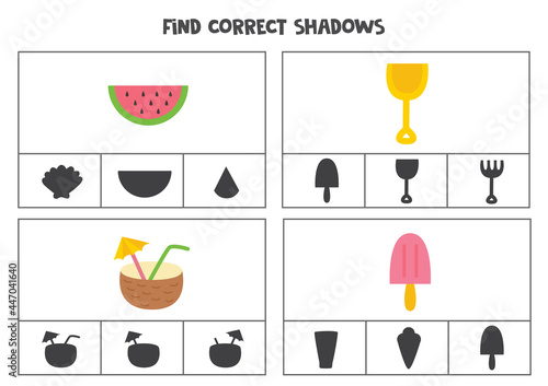 Find correct shadow of summer elements. Printable clip card games for children.