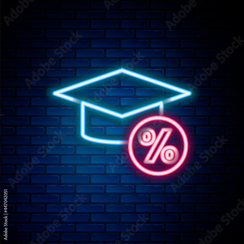 Glowing neon line Graduation cap and coin icon isolated on brick wall background. Education and money. Concept of scholarship cost or loan, tuition or study fee. Colorful outline concept. Vector