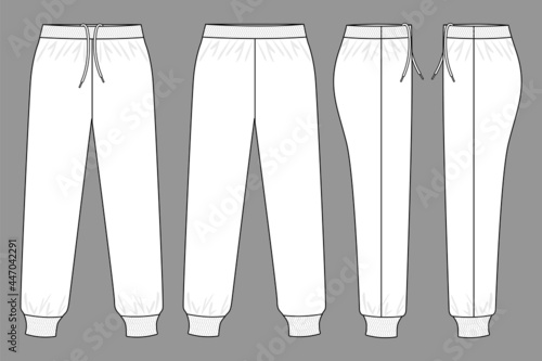 Blank White Tracksuit Pants Template on Gray Background. Front, Back, and Side Views, Vector File.