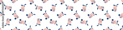 Seamless cartoon pet bunny doodle border. Whimsical minimal 2 tone gender neutral color. Kids nursery banner or whimsical character fashion all over print.