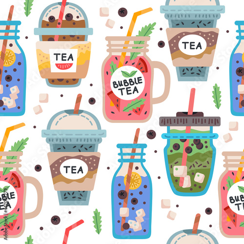 Seamless pattern with delicious vegan drinks, tasty juices or smoothies made of berries, Bubble tea cup. Vector illustration for wrapping, fabric print, wallpaper. Pearl milk tea, Taiwan milk tea