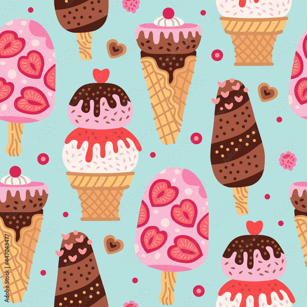 Cartoon seamless pattern with ice cream in waffle cones. Summer vector background. Cartoon seamless pattern with ice cream in waffle cones. Summer vector background.