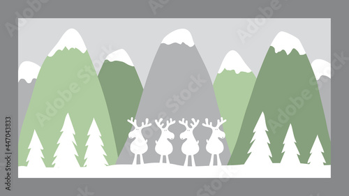 Schneelandschaft mit Bergen und Rentieren, abstrakte minimalistische Kunst, Cartoon Vektor Illustration in weiß, grün, grau