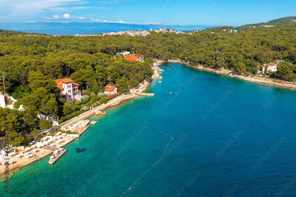 Aerial view of the beach near Mali Losinj town on Losinj island, the Adriatic Sea in Croatia