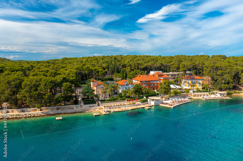 Aerial view of the beach near Mali Losinj town on Losinj island, the Adriatic Sea in Croatia