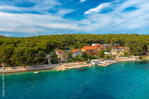 Fototapeta Naklejka Na Ścianę i Meble -  Aerial view of the beach near Mali Losinj town on Losinj island, the Adriatic Sea in Croatia