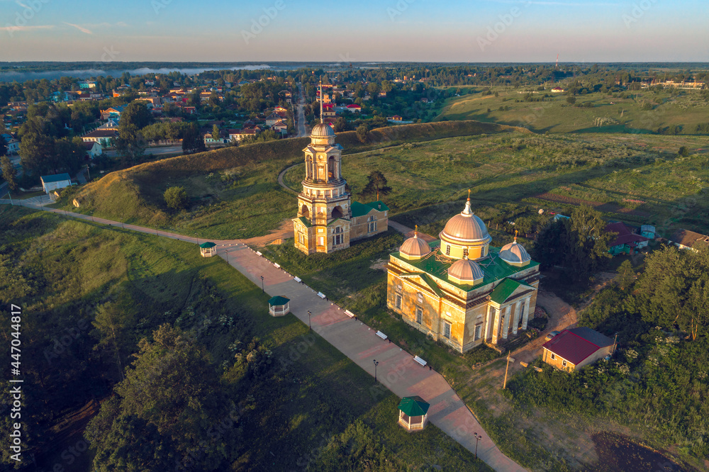 Top view of the ancient Church of the Savior and Boris and Gleb Cathedral in the early July morning. Staritsa. Tver region, Russia