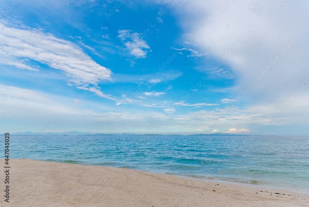 Nature in twilight period which including of sunrise over the sea and the nice beach. Summer beach with blue water and purple sky at the sunset.