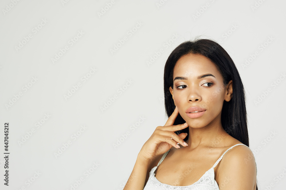 woman african appearance attractive look posing close-up cosmetics woman african appearance attractive look posing close-up cosmetics