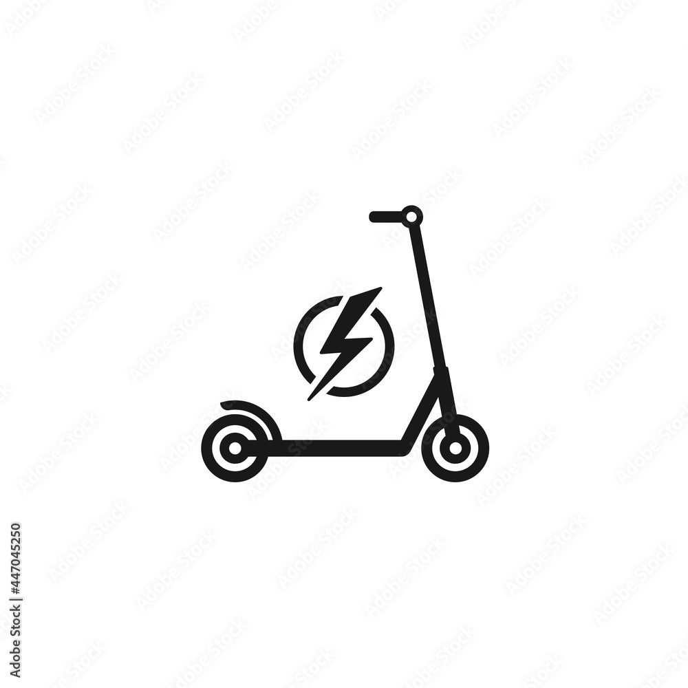 Black kick scooter or balance bike with lightning bolt icon. Flat push scooter isolated on white. Black kick scooter or balance bike with lightning bolt icon. Flat push scooter isolated on white.
