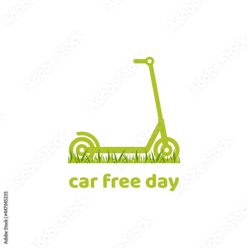 Green kick push scooter or balance bike with grass icon. Flat logo isolated on white.