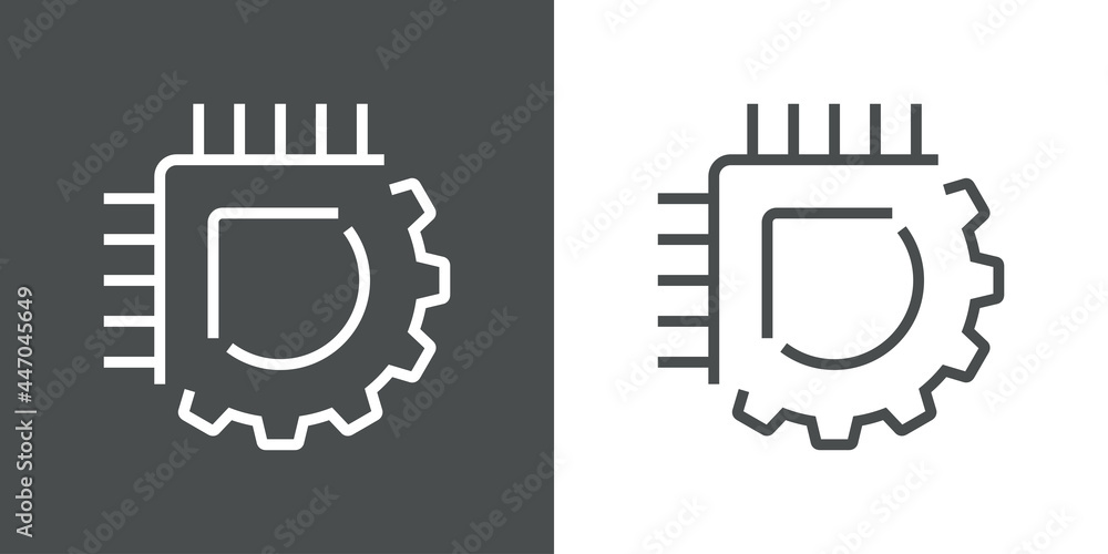 Tecnología electrónica. Engranaje con procesador con circuito digital con lineas en fondo gris y fondo blanco Tecnología electrónica. Engranaje con procesador con circuito digital con lineas en fondo gris y fondo blanco