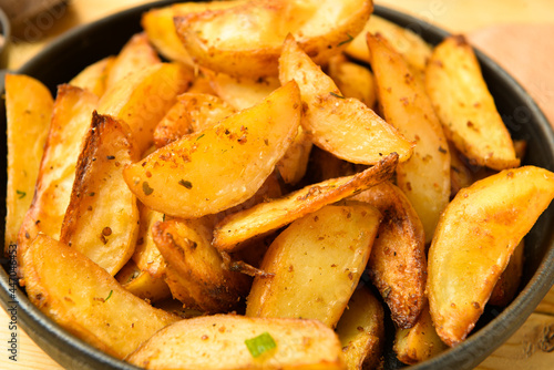 Tasty potato in baking dish, closeup