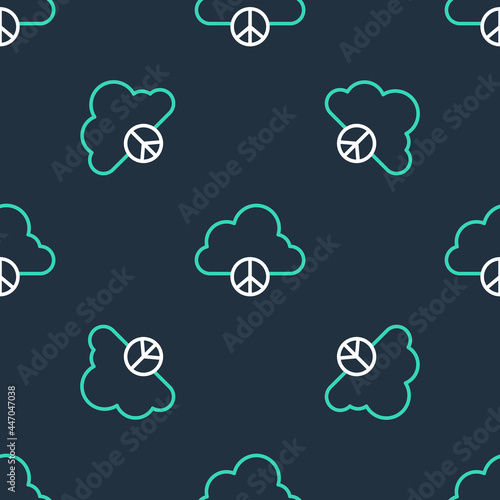 Line Peace cloud icon isolated seamless pattern on black background. Hippie symbol of peace. Vector