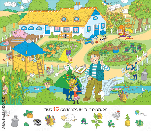 Kindergarten. Excursion to the farm. Cheerful vector illustration. Find 15 objects in the picture. Puzzles, hidden objects
