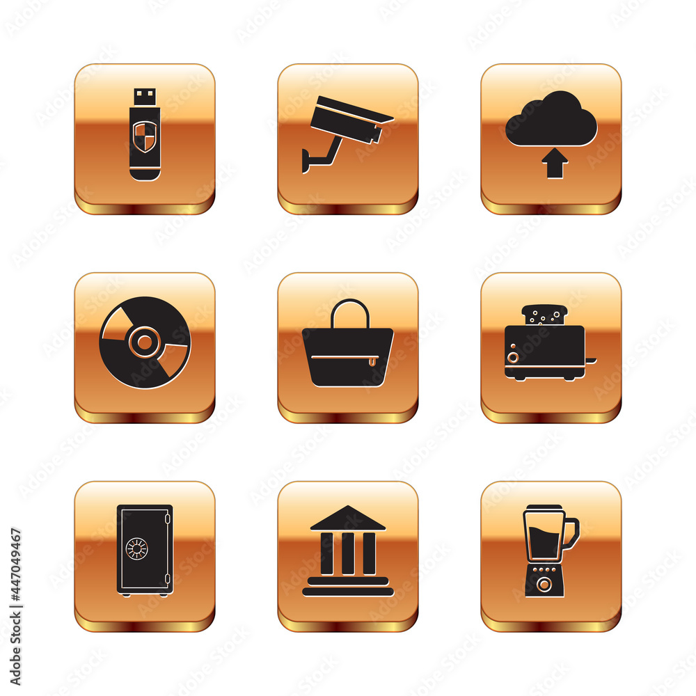 Set USB flash drive and shield, Safe, Bank building, Handbag, CD or DVD disk and Cloud upload icon. Vector Set USB flash drive and shield, Safe, Bank building, Handbag, CD or DVD disk and Cloud upload icon. Vector