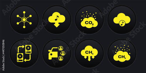 Set Data exchange with hhd, Music streaming service, Car sharing, Methane emissions reduction, CO2 cloud and Cloud download music icon. Vector