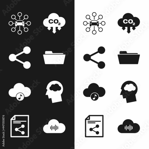 Set Folder, Share, Car sharing, CO2 emissions cloud, Music streaming service and Head silhouette with icon. Vector