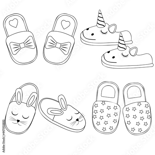 set of home slippers black contour, vector illustration