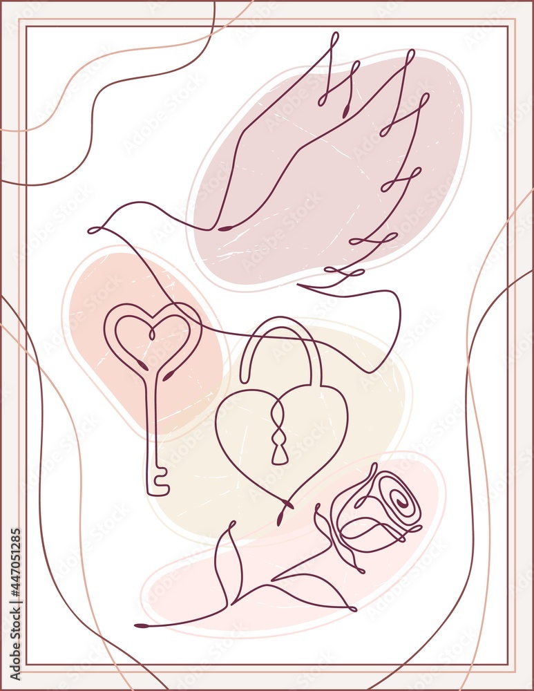 Wedding poster with romanitic symbols. Line art Wedding poster with romanitic symbols. Line art