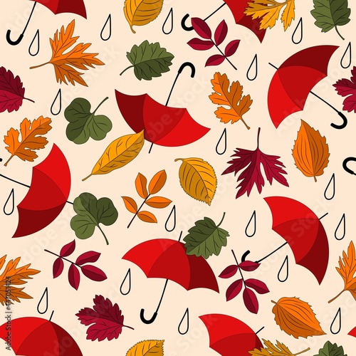 Vector Pattern with colorful umbrellas, leaves, rain drop