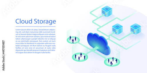 Cloud storage concept as website banner. 3d isometric vector illustration of a data center in the cloud. 