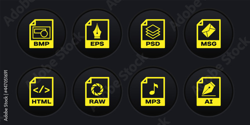 Set HTML file document, MSG, RAW, MP3, PSD and EPS icon. Vector