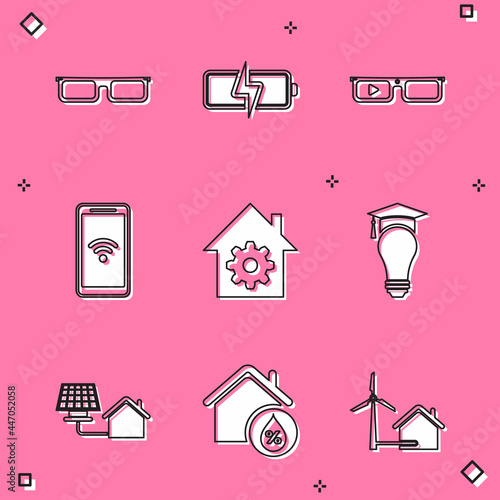 Set Glasses, Battery, Smart glasses, Mobile with wi-fi wireless, home settings, Light bulb and graduation cap, House solar panel and humidity icon. Vector