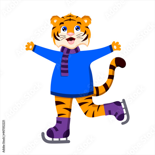 cartoon tiger skating  symbol of the year  vector isolated on a white background