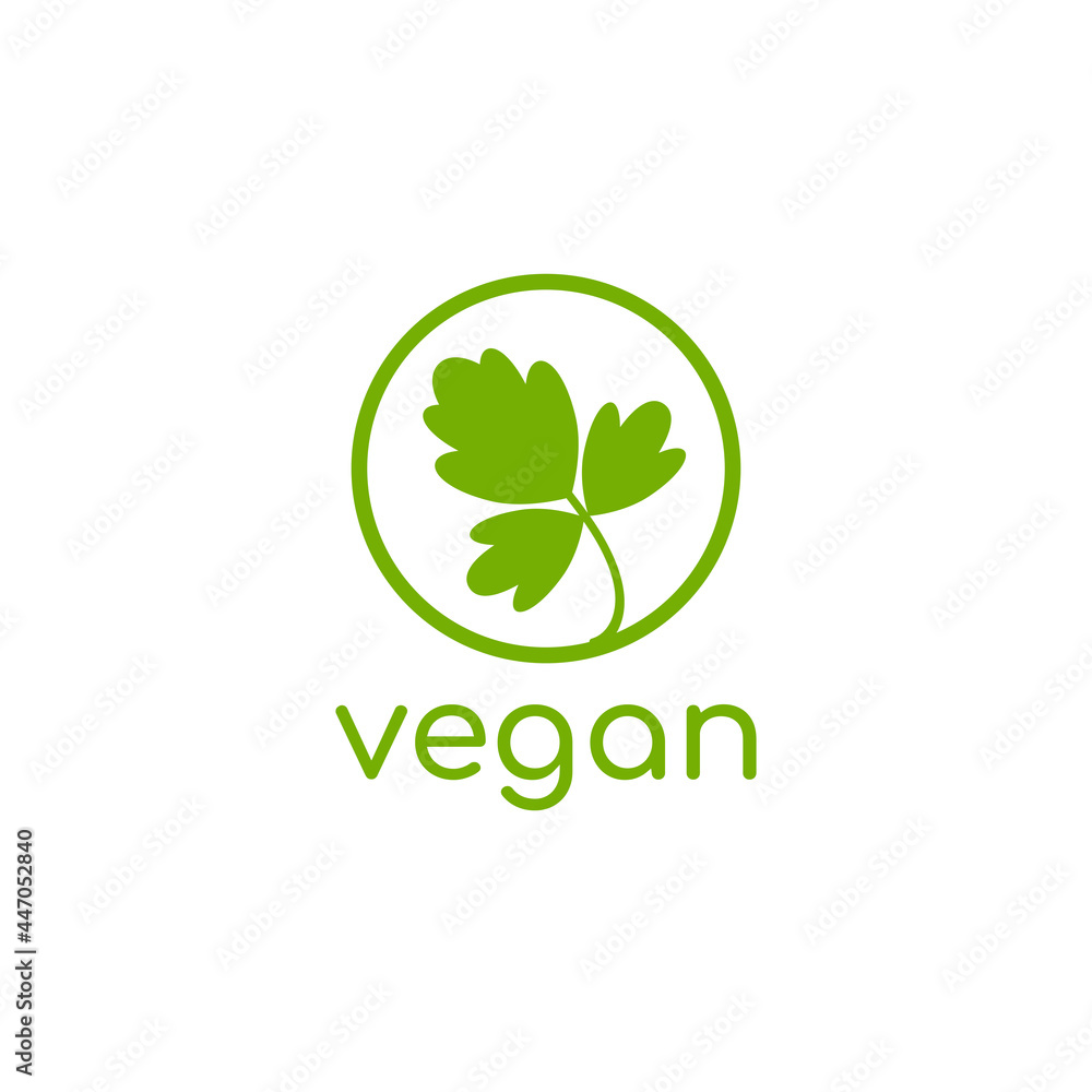 Vegan, veggie product label. Green leaves in circle icon. Vegan, veggie product label. Green leaves in circle icon.