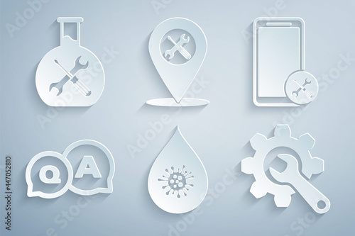 Set Dirty water drop, Mobile service, Question and Answer, Wrench gear, Location and Bioengineering icon. Vector
