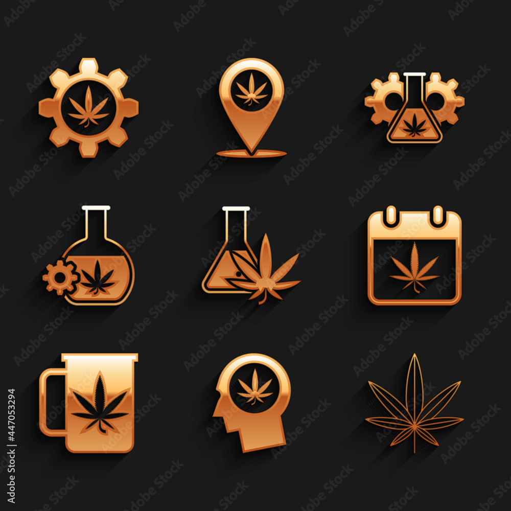 Set Test tube with marijuana, Head in profile, Marijuana or cannabis leaf, Calendar and, Cup tea, and icon. Vector Set Test tube with marijuana, Head in profile, Marijuana or cannabis leaf, Calendar and, Cup tea, and icon. Vector