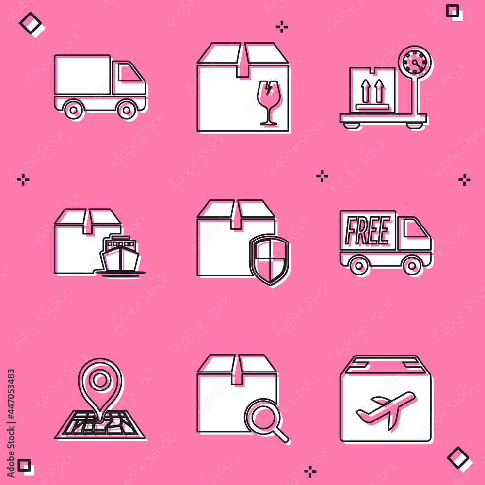 Set Delivery cargo truck vehicle, box with fragile content, Scale cardboard, Cargo ship boxes, security shield, Free delivery service, Placeholder map and Search package icon. Vector Set Delivery cargo truck vehicle, box with fragile content, Scale cardboard, Cargo ship boxes, security shield, Free delivery service, Placeholder map and Search package icon. Vector
