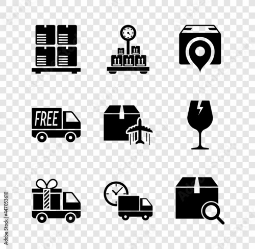 Set Cardboard boxes on pallet, Scale with cardboard, Location, Delivery truck gift, and clock, Search package, Free delivery service and Plane icon. Vector