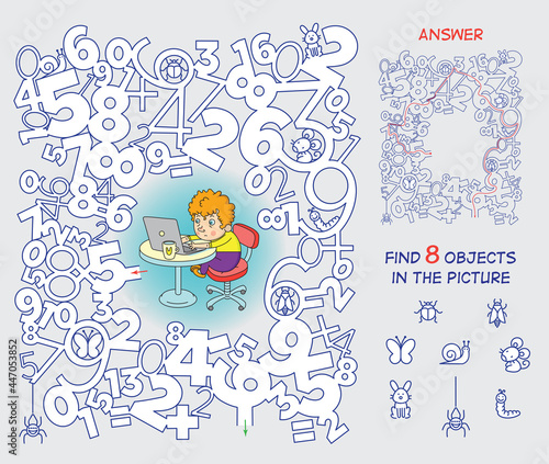 Online lesson. Complete the maze of numbers and find 8 hidden objects. Funny cartoon character. Vector illustration.