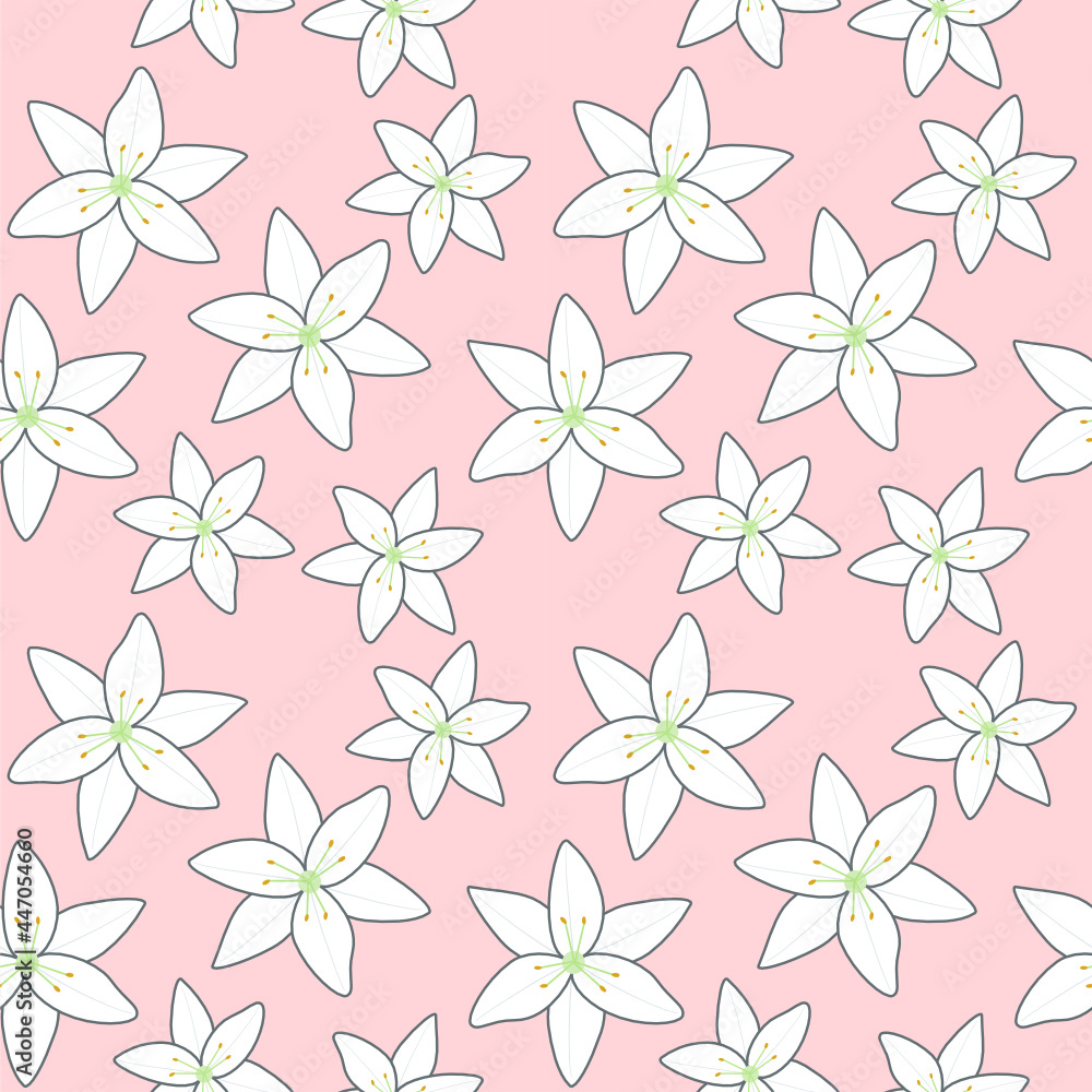 White lily seamless pattern on pink background White lily seamless pattern on pink background