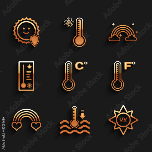 Set Meteorology thermometer, Water, UV protection, Rainbow with heart, clouds and icon. Vector