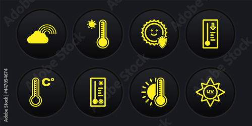 Set Meteorology thermometer, Thermometer with sun, UV protection, and Rainbow cloud icon. Vector