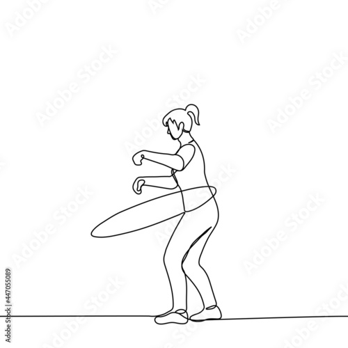young woman twists hula hoop at the waist - one line drawing.
