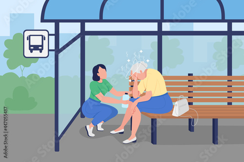 Sunstroke in summer flat color vector illustration. Girl passerby caring about female pensioner at bus shelter. Elderly lady and young woman 2D cartoon characters with bus stop on background