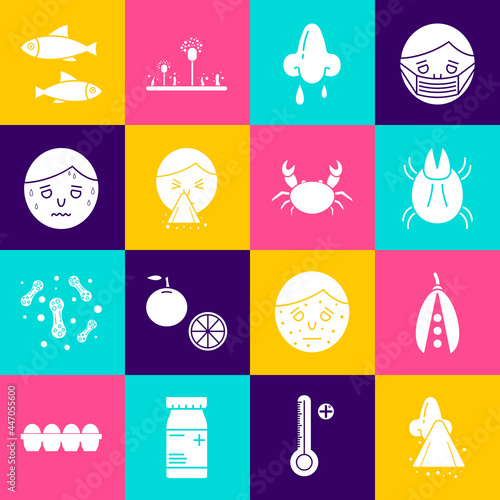 Set Runny nose, Kidney beans, Parasite mite, Handkerchief to his runny, Man with excessive sweating, Fish and Crab icon. Vector