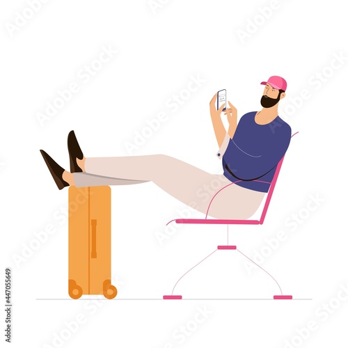 Man waiting for the flight at the airport with smartphone and luggage. Vector illustration on white background