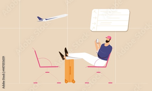Man waiting for the flight at the airport with smartphone and luggage. Vector illustration with airplane on background and departure desk