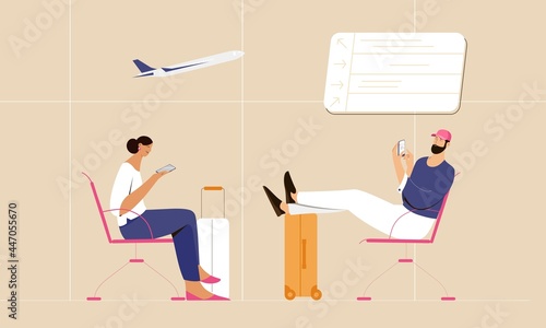 Woman and man waiting for the flight at the airport with smartphone and luggage. Vector illustration with airplane and flights board on background
