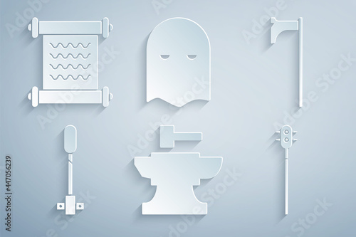 Set Anvil for blacksmithing hammer, Medieval axe, Torch flame, chained mace ball, Executioner mask and Decree, parchment, scroll icon. Vector