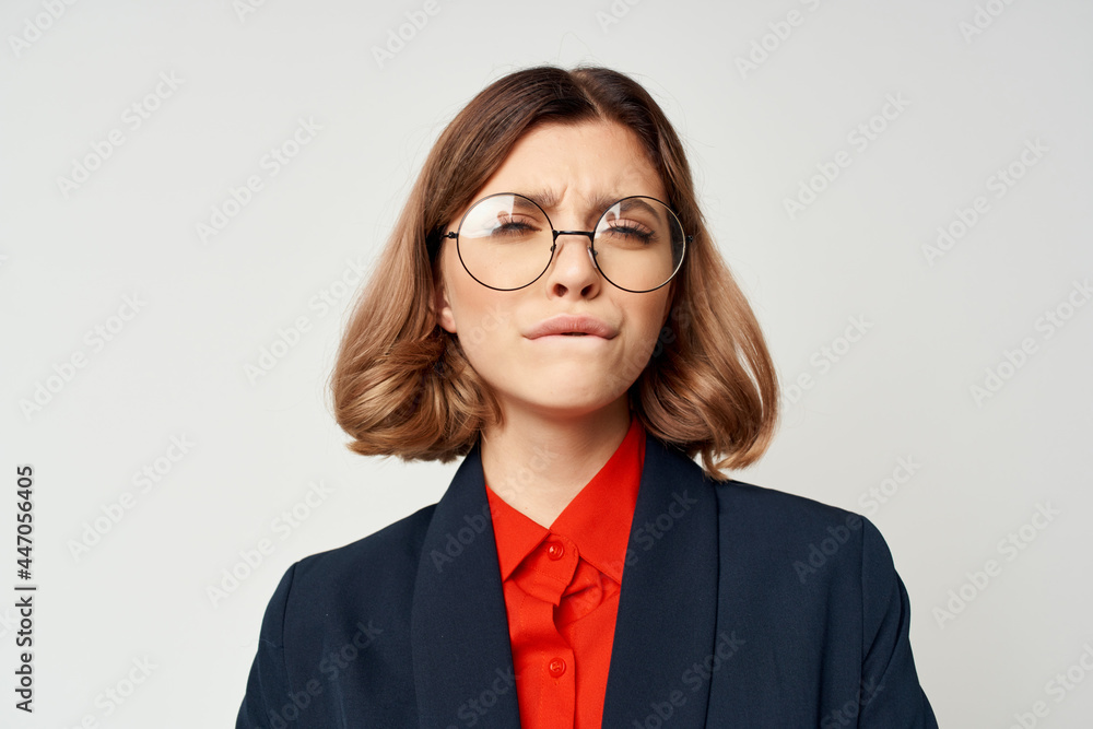 woman with glasses official documents work light background